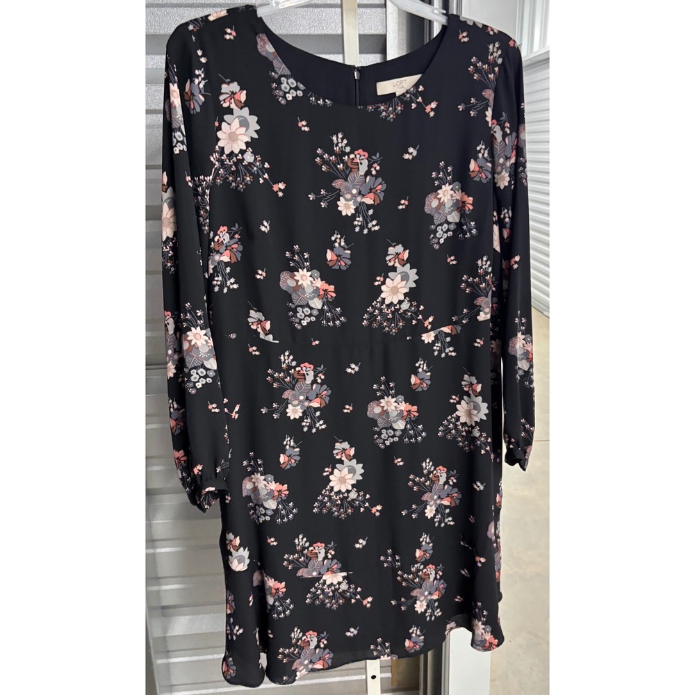 Loft Plus Black Floral Long Sleeve Shift Dress Size 16